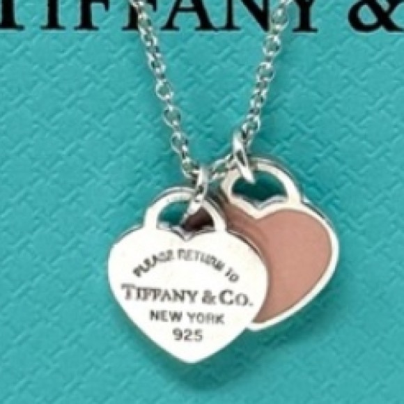 Authentic Tiffany & CO. Enamel Pink Mini Double Heart Pendant Necklace. - Picture 1 of 13